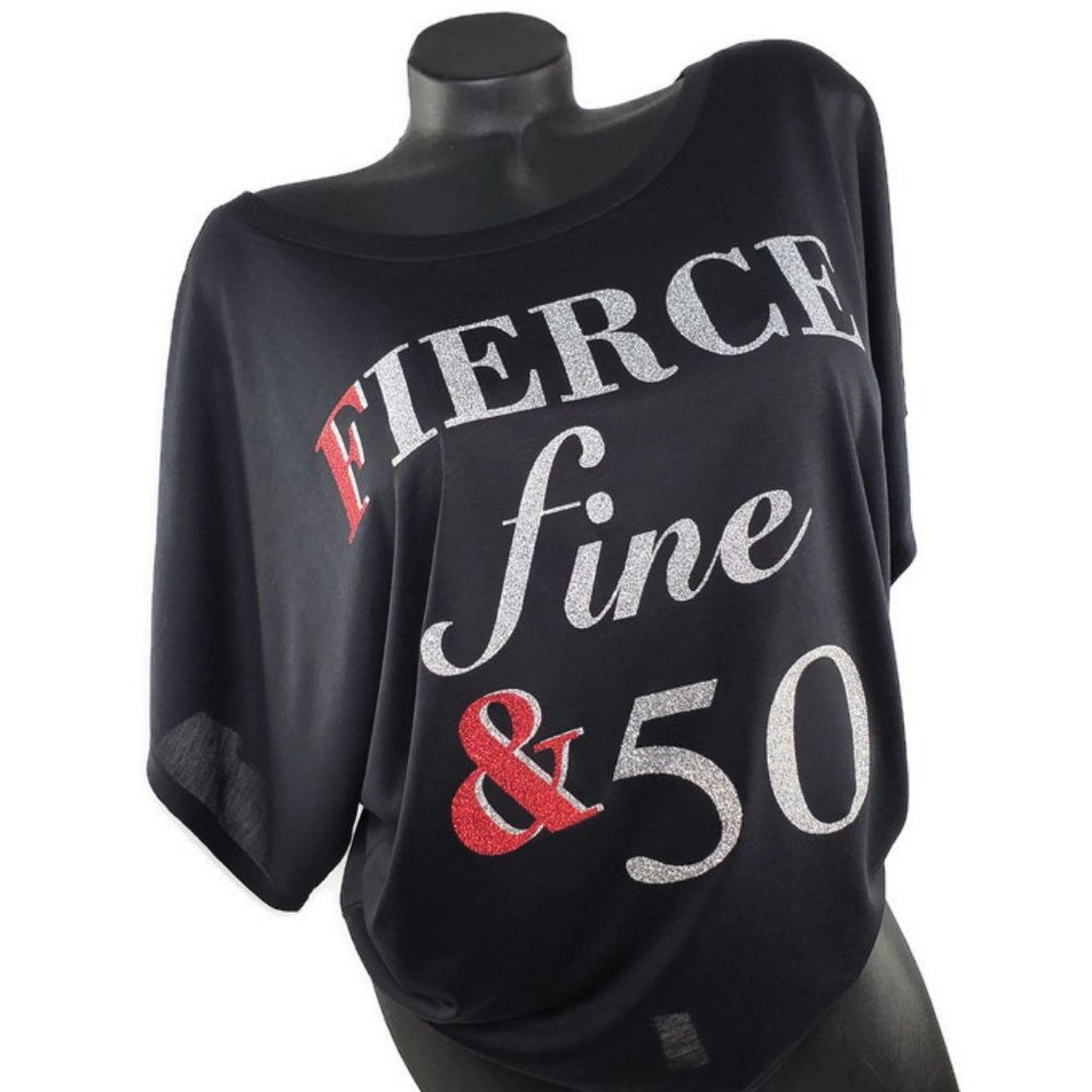 Fierce, Fine & 50 Black Flowy Dolman Top.